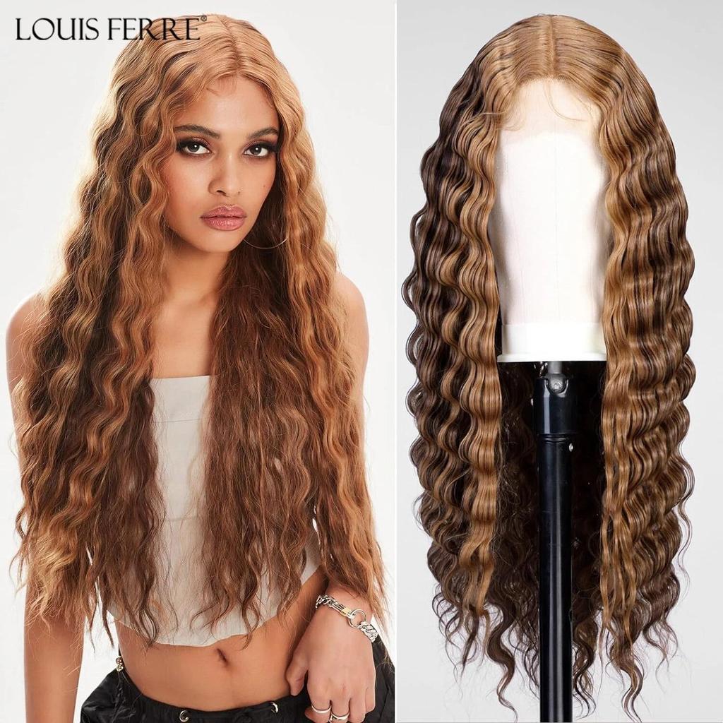 LOUIS FERRE Long Deep Wave Wig Brown Highlight Crimps Curl Synthetic Hair Wigs Lace Front Wig for Women with Babyhair for Daily