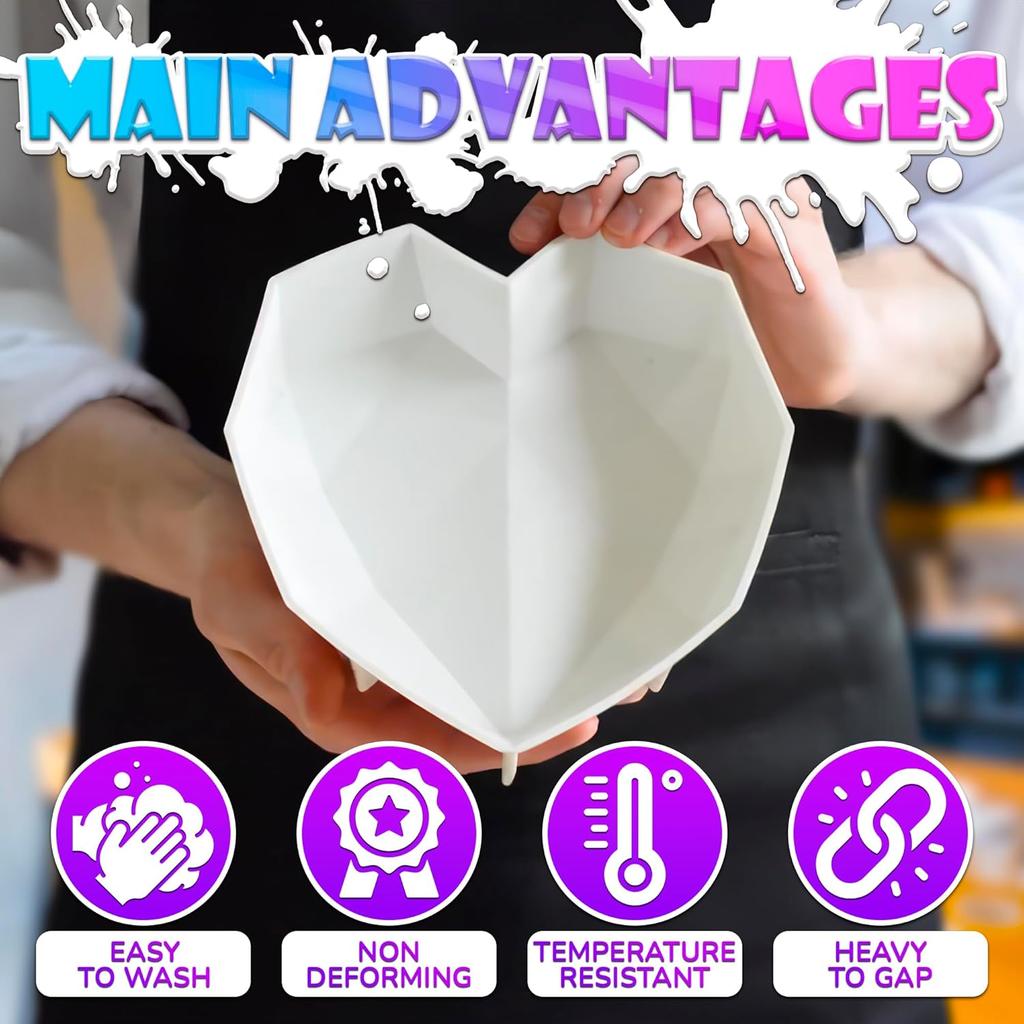 Diamond Heart Silicone Mold Flexible Heart Shaped Cake Pans for Baking and Freezing DIY Mould Cakes Mousse Chocolate Decorating