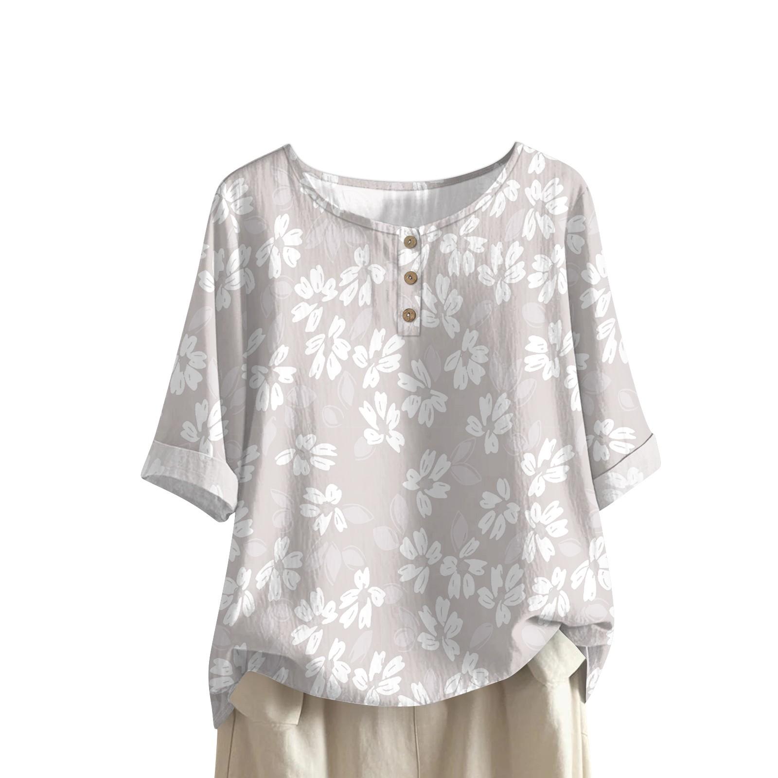 

Женская модная и повседневная рубашка с полурукавом, круглым вырезом, принтом, из хлопка и льна, блузка-топ XL белый