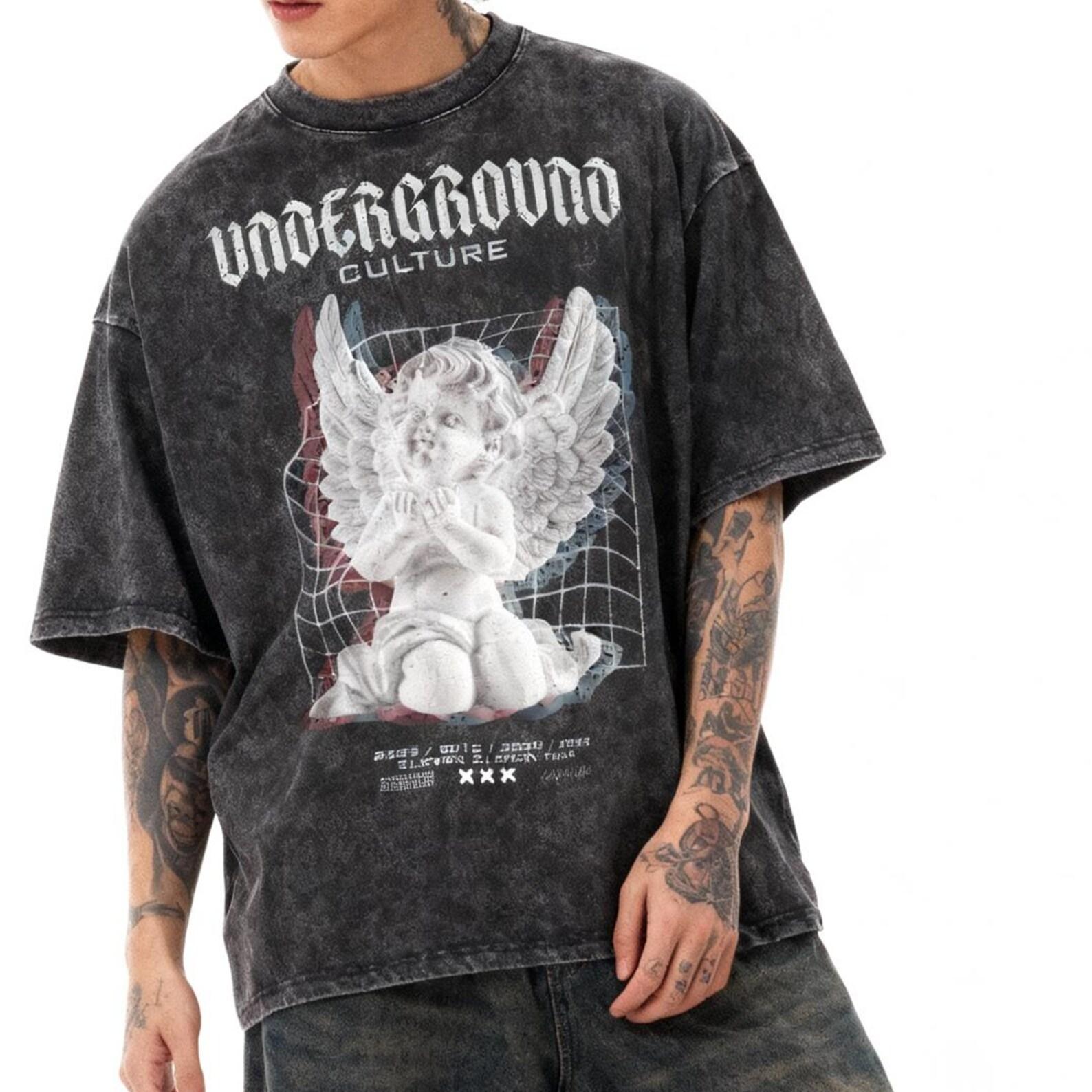 PREMIUM Angel Underground Culture Acid Wash Oversize T-Shirt, Grunge Streetwear, Vintage Washed Tee, S