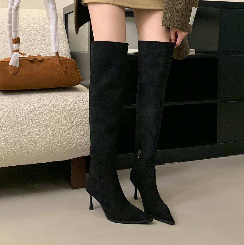 Pointed high-heeled over-the-knee boots women's 2025 new autumn French khaki fine-heeled pleated stacked boots knight boots