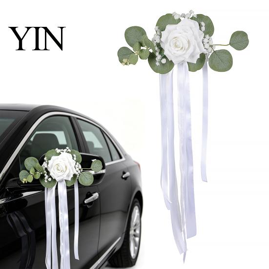 Easy Install Car Flowers Wedding Door Handle Flower with Ribbon Tie And Green Leaves, White Artificial Realistic Petal Decor Rose Rearview Mirror