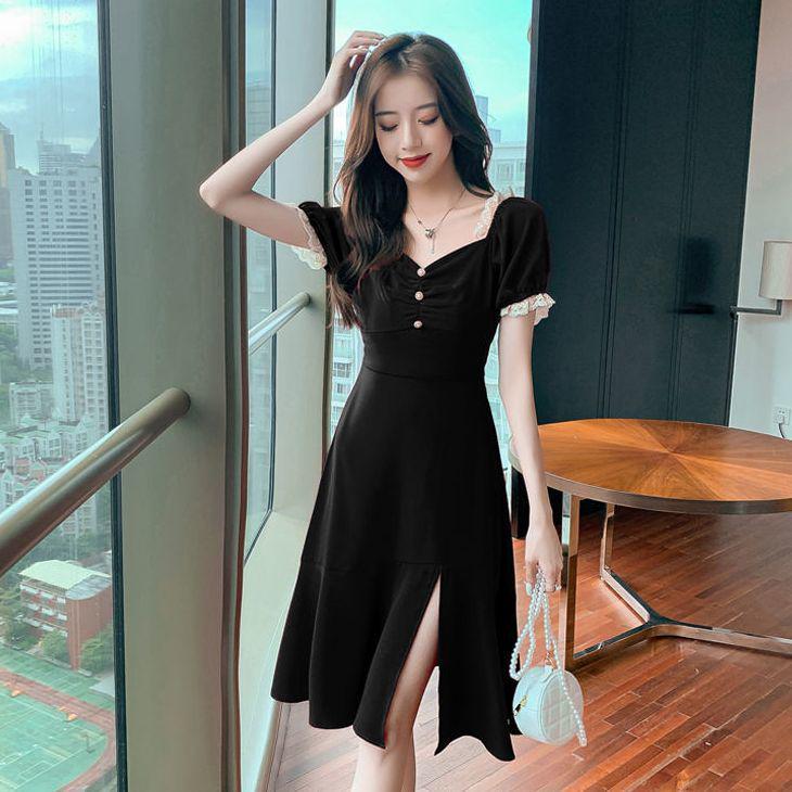 Elegant Forest Girl Slim-Fit Little Black Dress - Hepburn Style, Youthful Waist-Cinching Summer Design