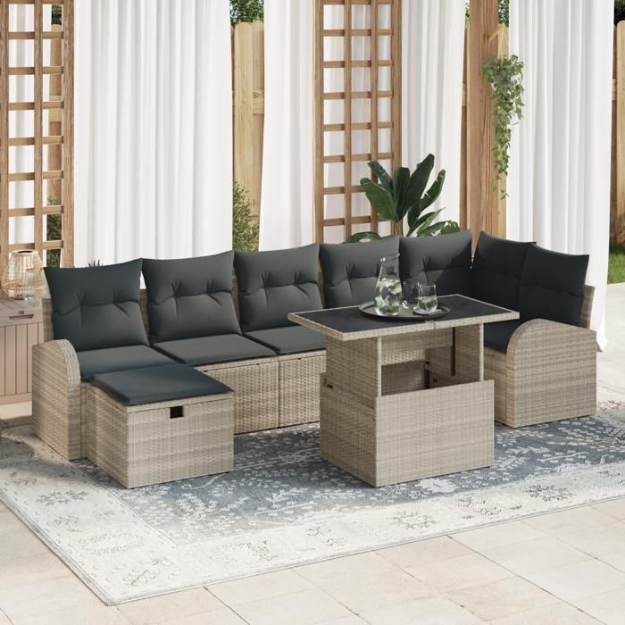 Ensemble de Canapé de Jardin vidaXL 8 pièces Avec Coussins Gris Clair Rattan Poly, Canapé de Jardin vidaXL 2 Places Avec 3361101