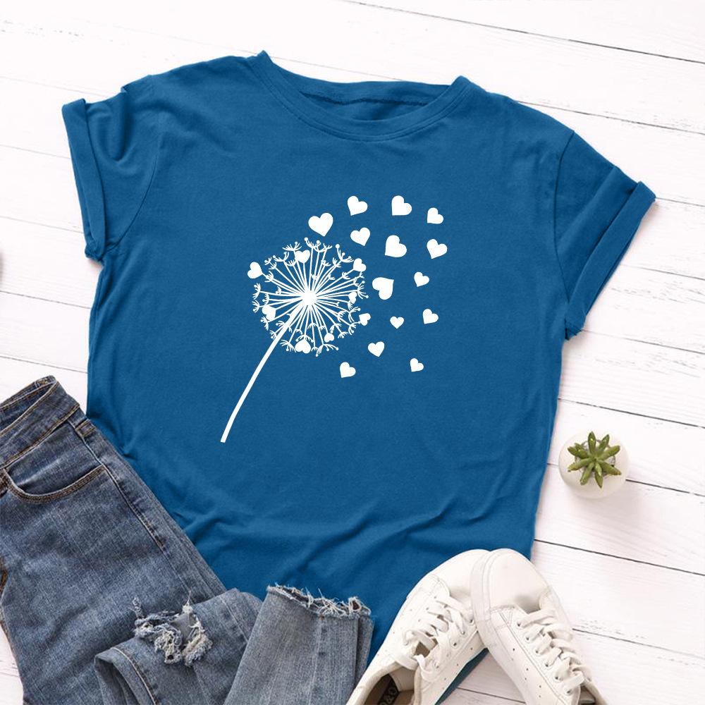 Cotton Loose Round Neck Creative Dandelion Heart-shaped Short Sleeved Women's T-shirts