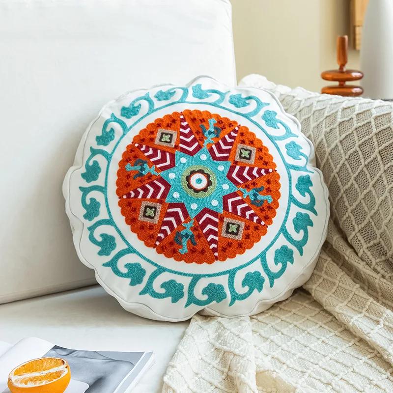 Moroccan Ethnic 45cm Round Cushion Cover Mandala Floral Embroidery Home Decor Living Room Throw Pillow Case Ball Decorative