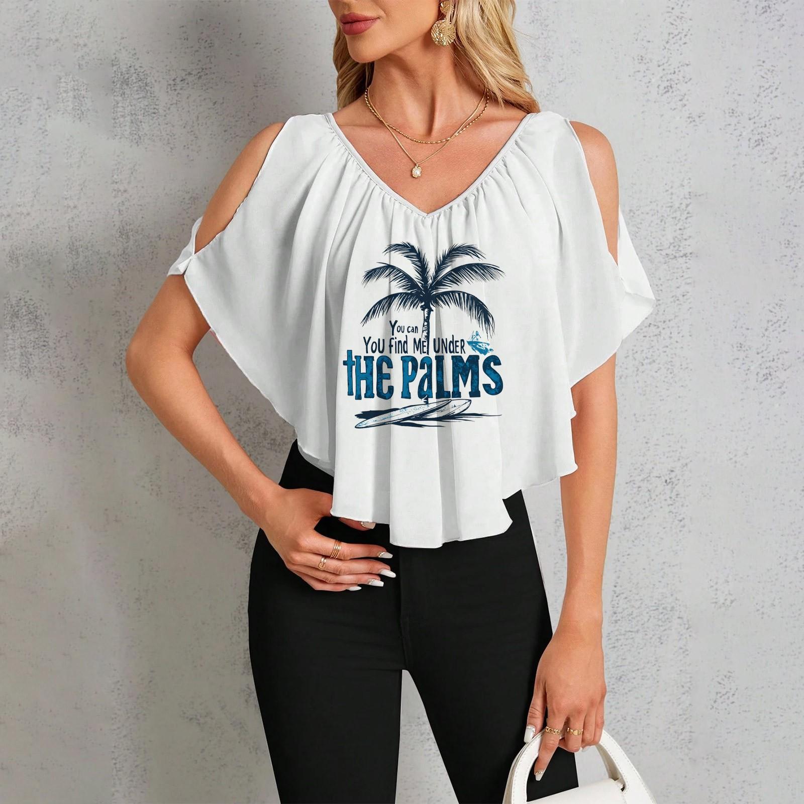Women s Casual V-Neck Off-Shoulder Hawaiian Print T-Shirt L синий
