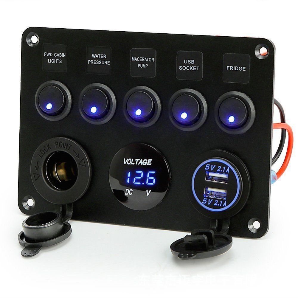 Dual USB Socket 5 Gang Switch Panel 12V/24V ON-OFF Toggle For Car Inline Fuse Box  RV