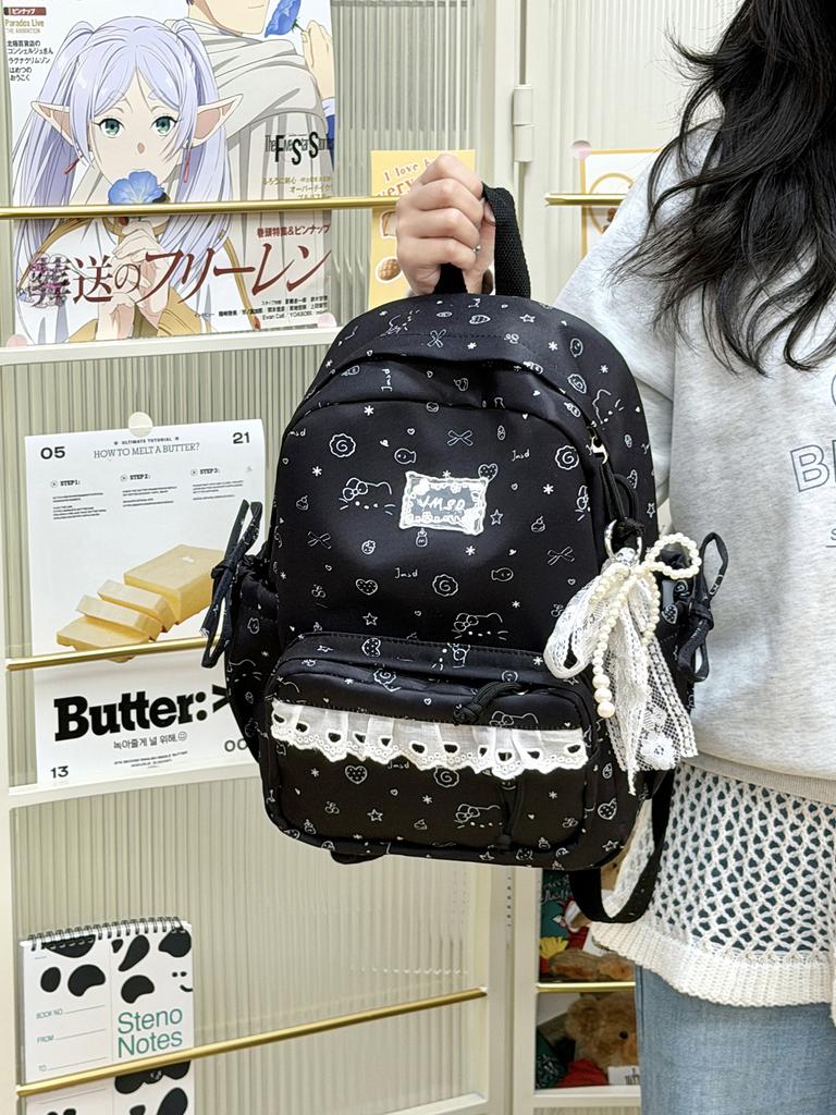 2 sizes of lace women's backpacks with beaded pendants Ins Cute Cartoon Printed school bags Sweet ladies travel mini backpack