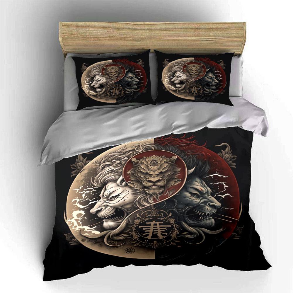 "Dragon Tiger Yin-Yang Decor Set" Bedding Set with 1 Duvet Cover 2 Pillowcases Single Double King Queen, Gift