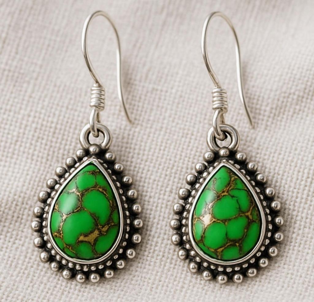 Green Copper Turquoise Earring, Gemstone Earring, 925 Solid Sterling Silver, Birthday Gift, Promise Gift