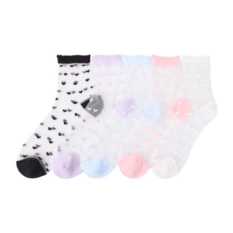5 Pairs Socks Women Spring and Summer Thin Fashion Thin Crystal Silk Tube Women's Socks Cool Transparent Love Glass Stockings