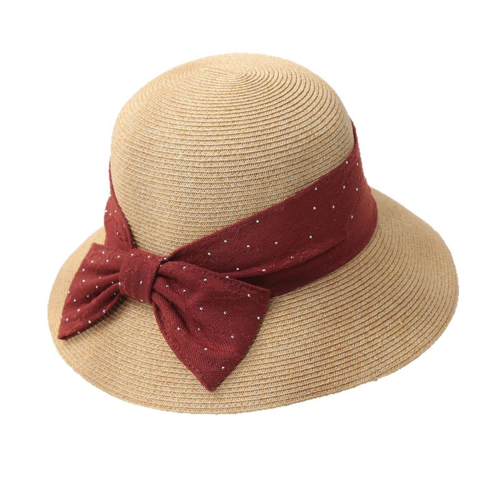 French elegant big eaves sunshade straw hat female retro seaside vacation showing face small foldable bow bucket hat