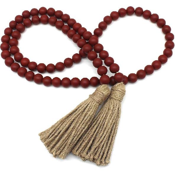 CVHOMEDECO. Wood Beads Garland with Tassels Farmhouse Rustic Wooden Prayer Bead String Wall Hanging Accent for Home Festival Decor. Mix Distressed