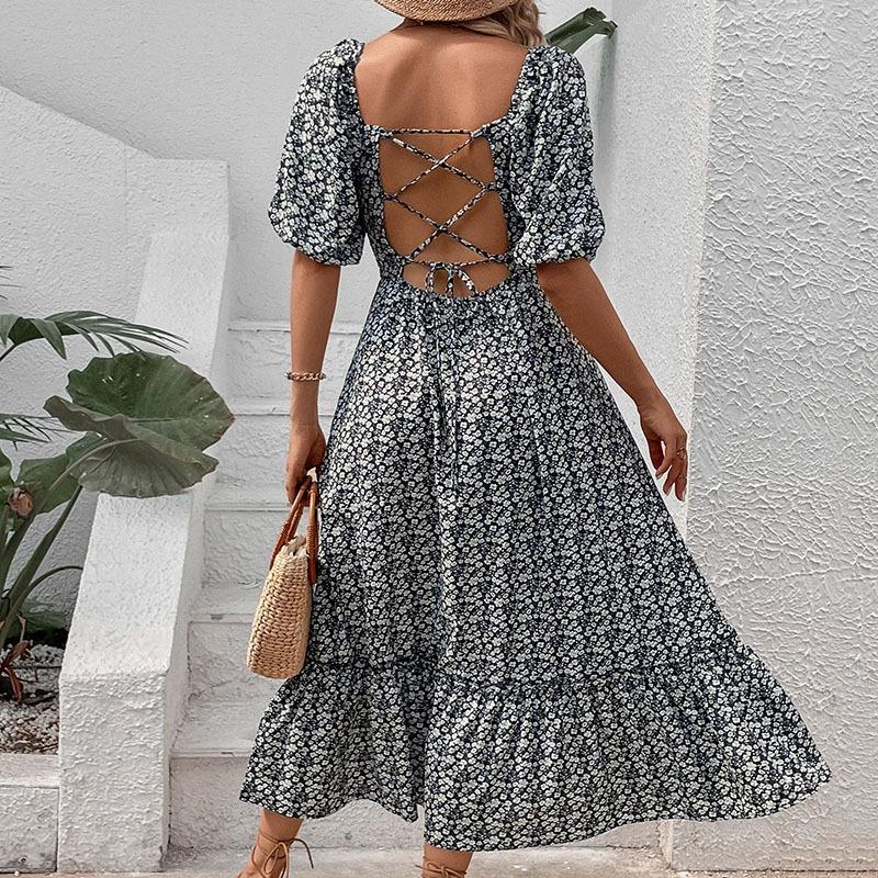 Summer three-quarter puff sleeve black and white floral dress