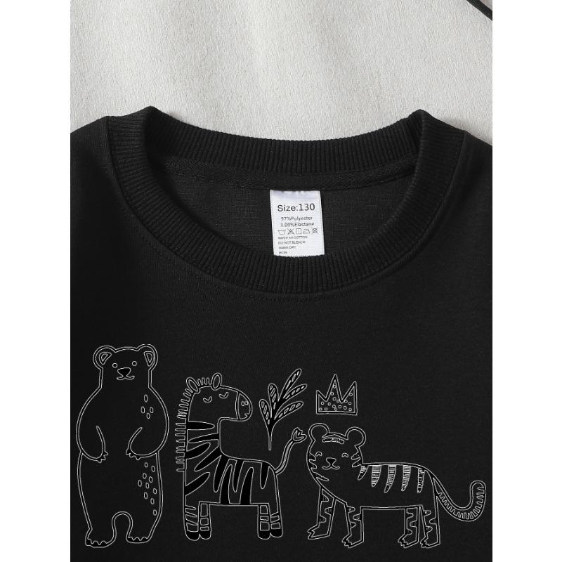 European sizes Kids' Sweatshirts, Girls' Autumn Winter Bear Zebra Tiger Crown Plant Print Long Sleeve Round Neck Sweatshirt, Casual Daily Wear.