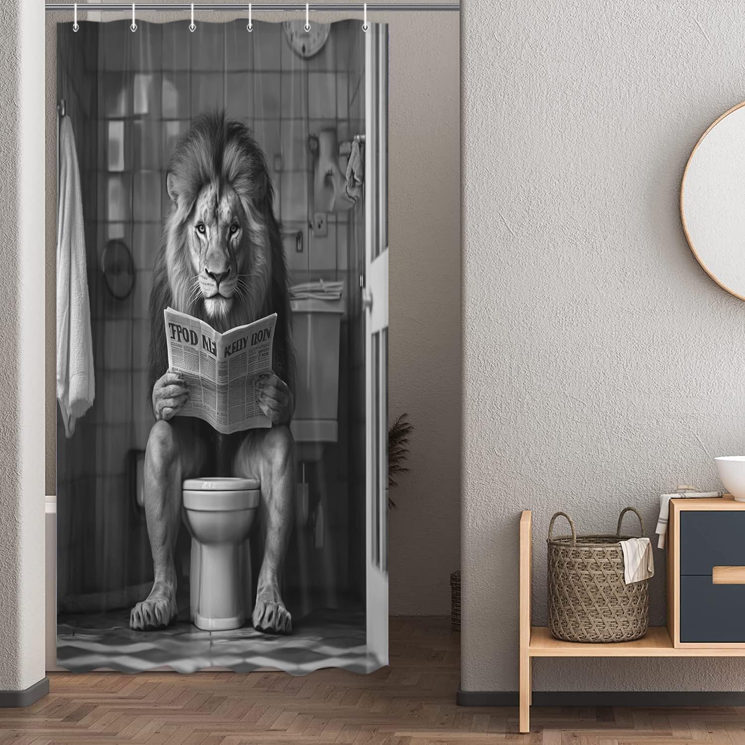

Funny Shower Curtain Farmhouse Cool Lion Shower Curtains For Bathroom Grey Brown Humor Animal Reading On Toilet Vintage Western W60H190(CM)-1 Pcs