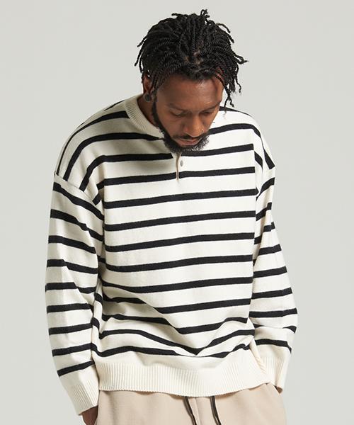 Tener Henley Neck Striped Knit Ivory F