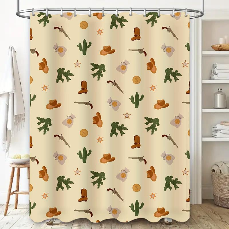 Western Cowboy Shower Curtain Set 3D Printed Bathroom Decor featuring gun cacti boots stars cowboy hats (Beige) [180x240cm]