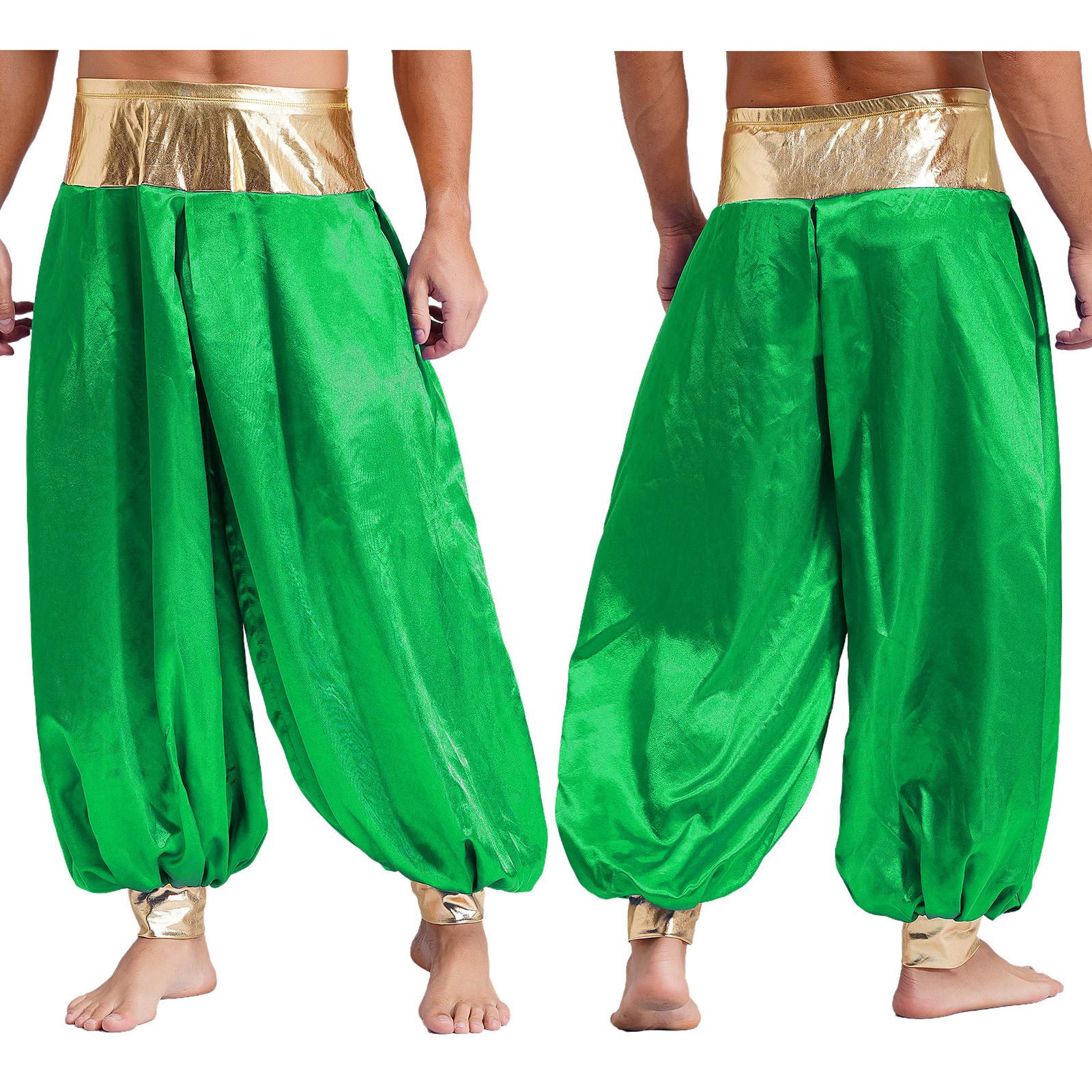 

S-4XL Men s Magical Hippie Harem Pants Shiny Metallic Patchwork, Arabian Prince Costume Lantern Pants for Halloween Cosplay Party XXL зелений