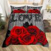 Valentine's Day Duvet Cover Queen Full Red Rose Romantic Flower Duvet Cover Heart Shaped Print Floral Black Soft Comforter Cover
