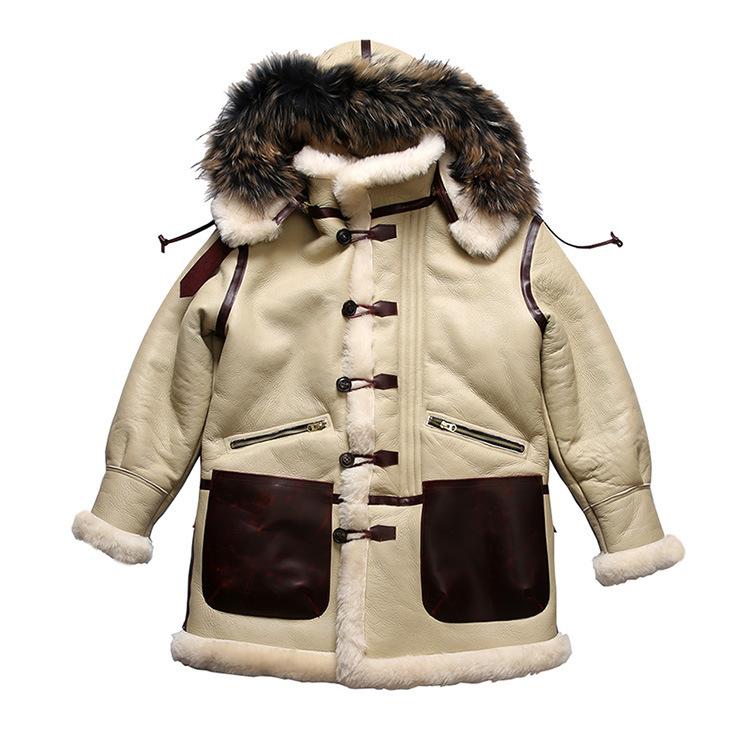 American empty B flight suit fur integrated coat men's removable hat medium and long sheepskin fur fur jacket