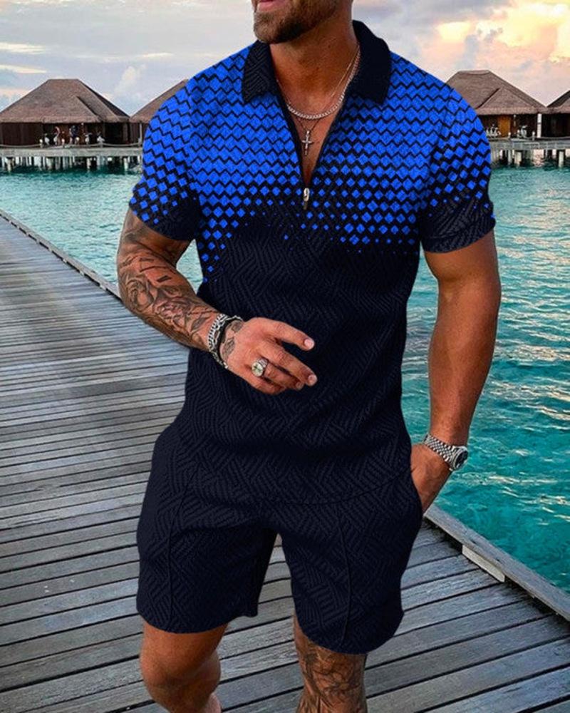 Herren Print Polohemd Set – Kragen Kurzarm Lässiger Pullover T-Shirt