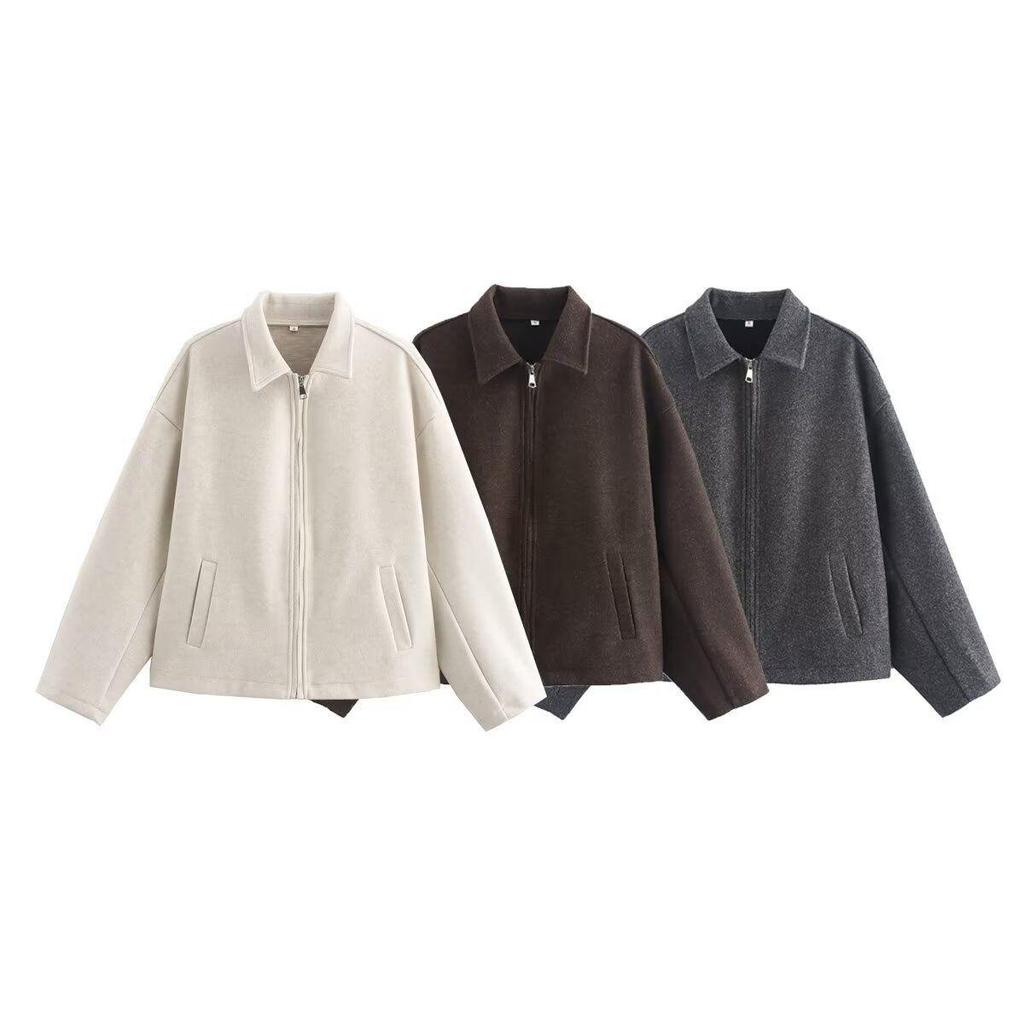 European & American Women's Retro Solid Color Lapel Short Jacket - Brown.