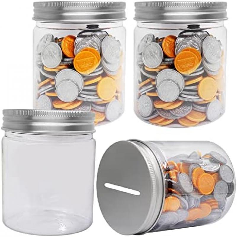 Mczcent 4-Pack Transparent Piggy Banks for Kids, Clear Coin Saving Jar Money Box, Plastic Coin Bank for Boys Girls Children, Silver