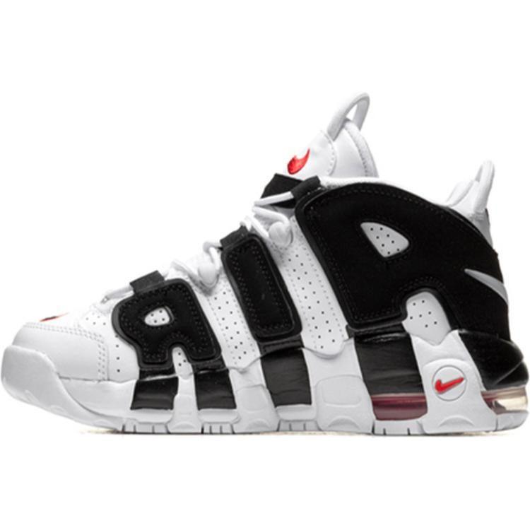 Nike Zapatillas de Baloncesto Air More Uptempo de Cuero Resistente a la Abrasión de Caña Media Blancas Negras Unisex 415082-105