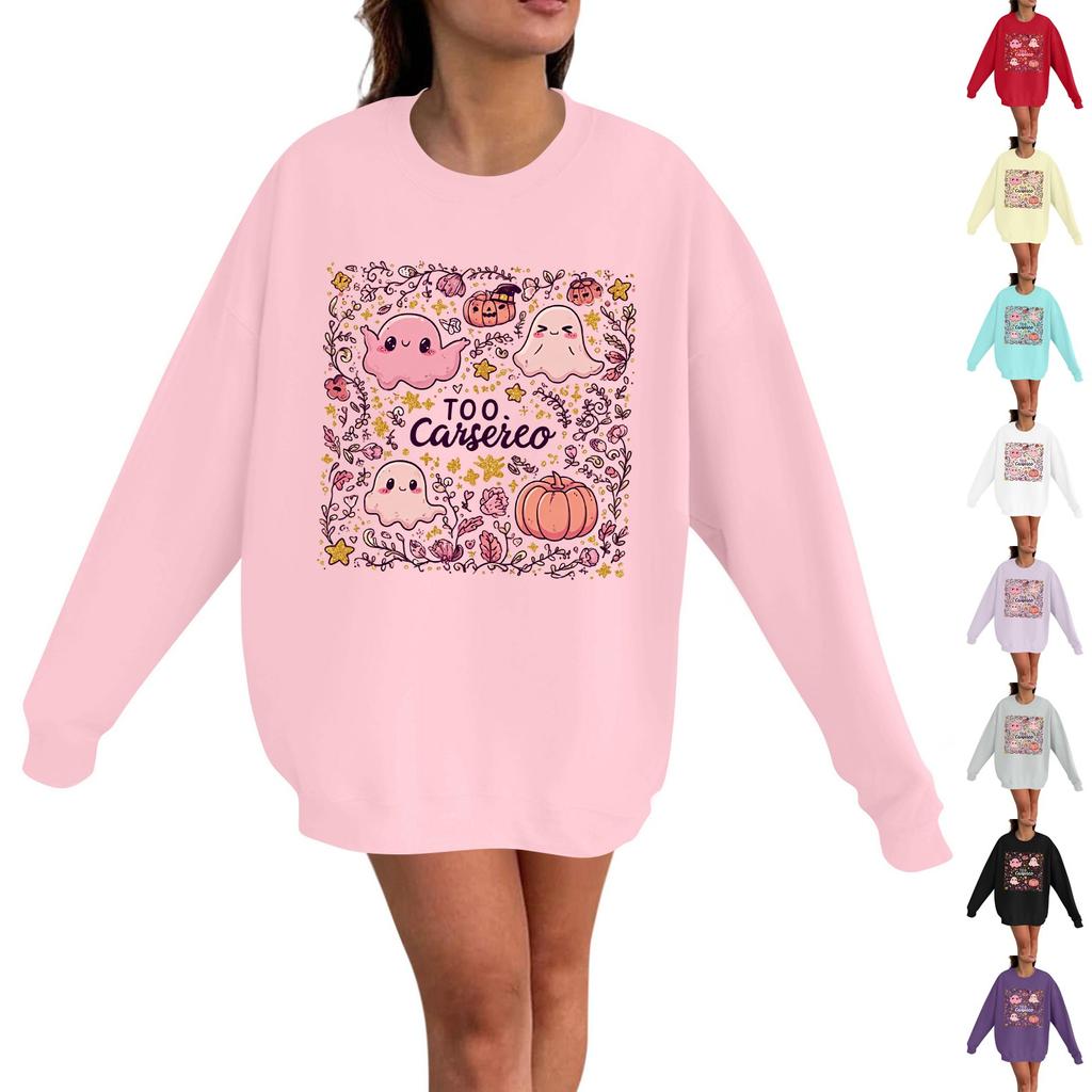 Women's Casual Fashion Long Sleeve Halloween Print Pullover Round Neck Sweatshirt