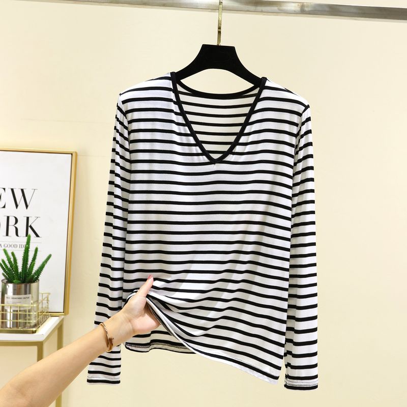V-neck Modal With Chest Pad T-shirt Women's Spring Inner wear Long sleeve Stripe Bottoming Shirt Thin Casual Plus size Loose Top
