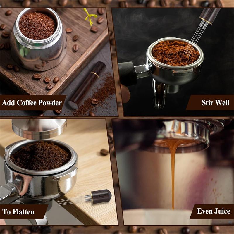 Stainless Steel 6-pin Espresso Distribution Tool Coffee Distributor Espresso Stirrer with Walnut Handle Replaceable Needles