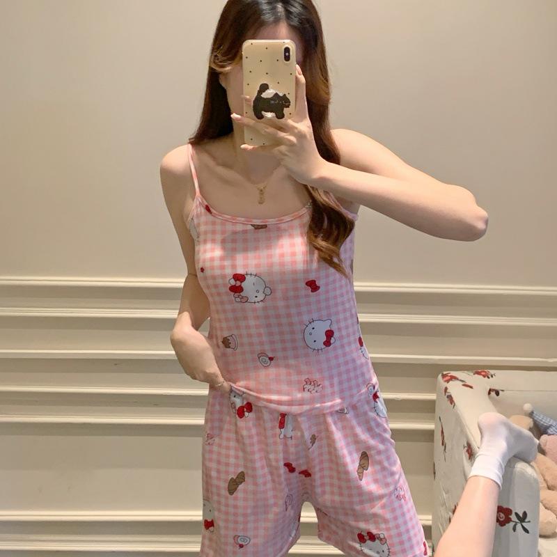 Women's Cartoon Camisole Tank Top Pajamas Set with Chest Pads - Summer Home Wear for Girls with Shorts