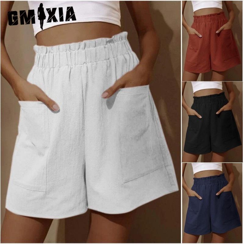GMXIA Women's Cotton and Linen Flower Bud High-waisted Shorts, Fashionable Large-sized Wide-leg Casual Short Style
