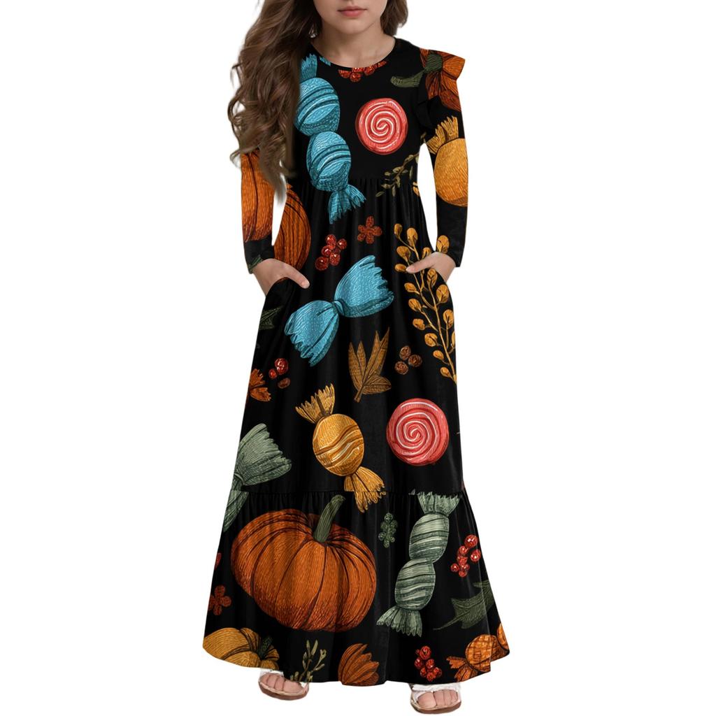 Girls' Tiered Ruffle Dress Halloween Day - Long Sleeve Printed Maxi With Pockets