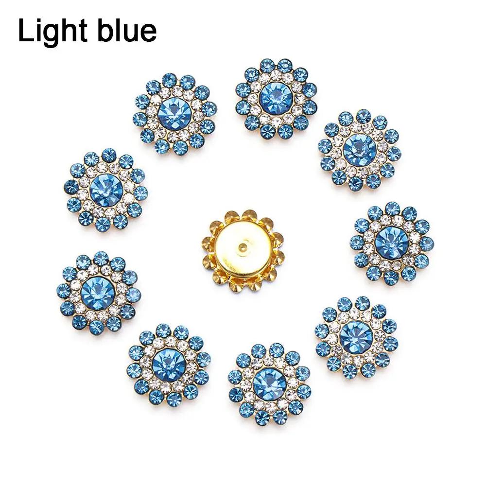 10PCS 14mm Flower-shaped Rhinestone Buttons Sparkling Crystal Glass Stone Steel Bottom Clothes Decoration Sewing Accessories