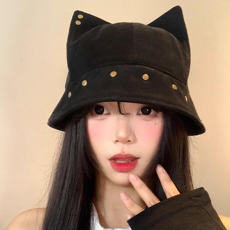 Niedlicher Lustiger Katzenohren Fischerhut Vintage Nieten Vielseitiger Lässiger Fischerhut