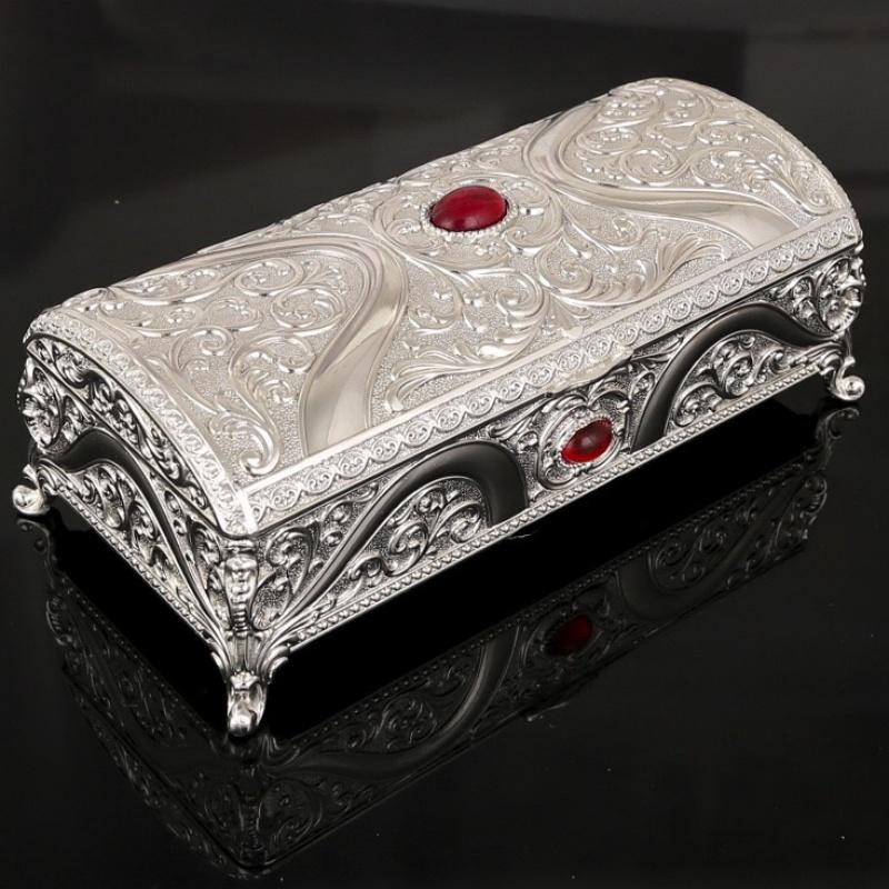 Evropský styl Úložný box na náhrdelníky Velký organizér, Obdélníkový slitinový uzávěr Vložený drahokam Nádoba na ukládání prstenů Skříňka na komodu