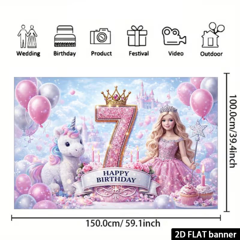 2D Pink Unicorn 7th Birthday Backdrop - Magical Princess Banner for Girls 7th Birthday Photoshoot