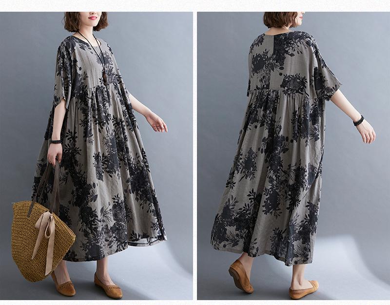 2021 Summer Retro Plus Size Round Neck Print Dress with Short Sleeves and Big Swing