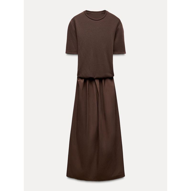 Za2025 Spring New Women's Clothing Fashion Elegant Stitching Short Sleeve Round Neck Midi Skirt Long Dress 0858464
