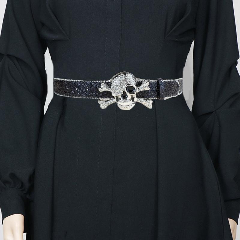Fashionable Rhinestones Studded Belt Skull Pattern Waist Belt Durability Belt for Enhancing Dresses and Casual Looks