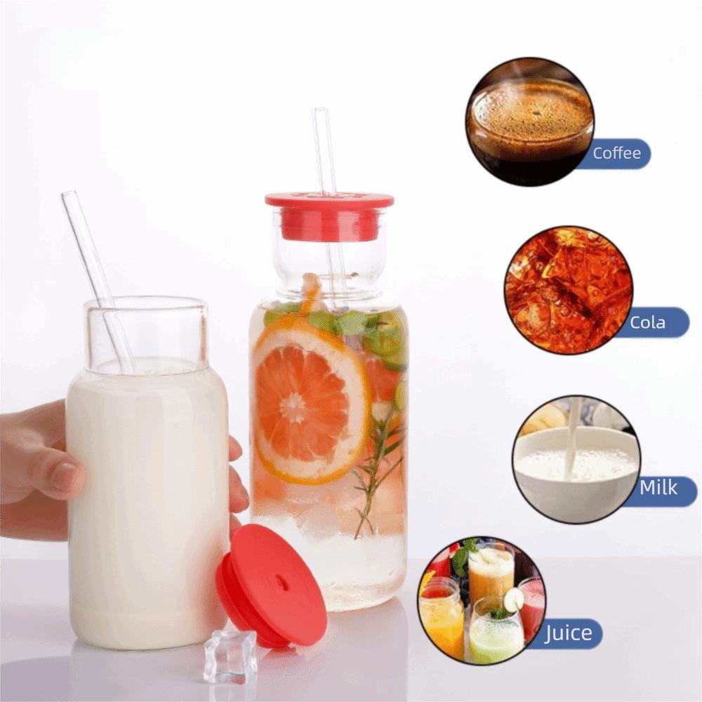 Heat Resistant Glass Water Bottle with Straw Silicone Lid Drink Cup Food Grade Juice Bottle Bar