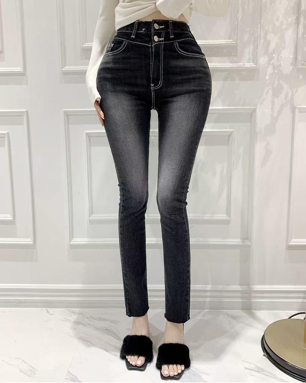 

FansiYu Women s High Waist Contrast Stitching Skinny Jeans - Comfortable Wide Hip Korean Fashion S (40-50 kg)
