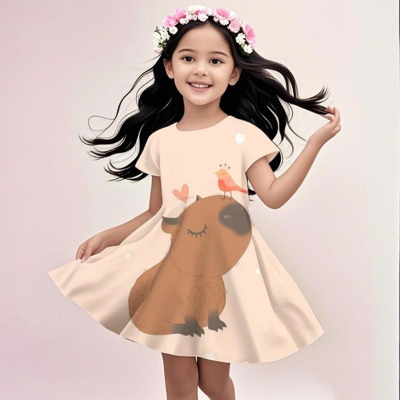 2026 Cute Sunshine Capybaras Summer Round Neck Children Dress Cute Girl Short Sleeve Doll Dress Birthday Gift Princess Dress