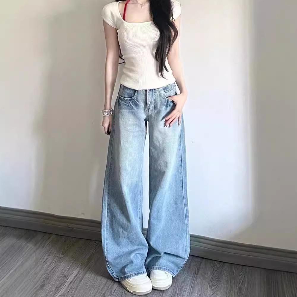 Dámské džíny širokých nohavic slim střihu: Nové americké volné rovné nohavice ke kotníkům pro jaro a podzim