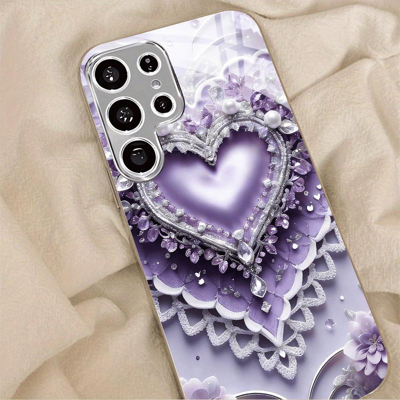Gold-plated tempered glass phone case, compatible Galaxy S26 S25 S24 S23 S22 Ultra Plus. Purple lace heart design.