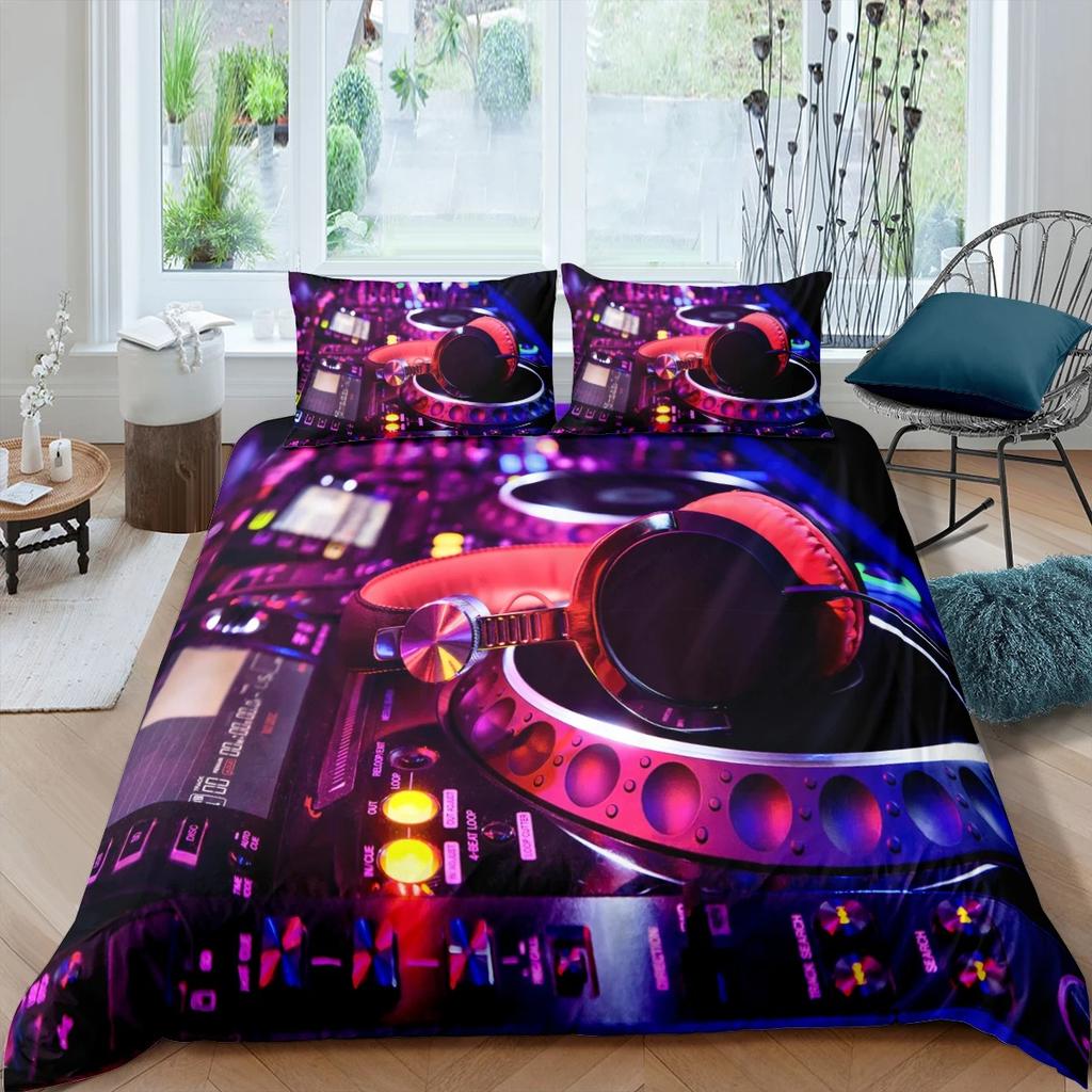 Luxusní 3D ložní souprava DJ sluchátka pro domácí bydlení Hudební povlak na přikrývku Povlak na polštář Velikost Queen a King EU/US/AU/UK Přikrývka Ložní prádlo