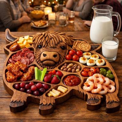 Highland Cow Wooden Charcuterie Board Cute Cow Shaped Serving Tray Rustic Farmhouse Food Platter with Compartments for Cheese Meat Fruit Snacks